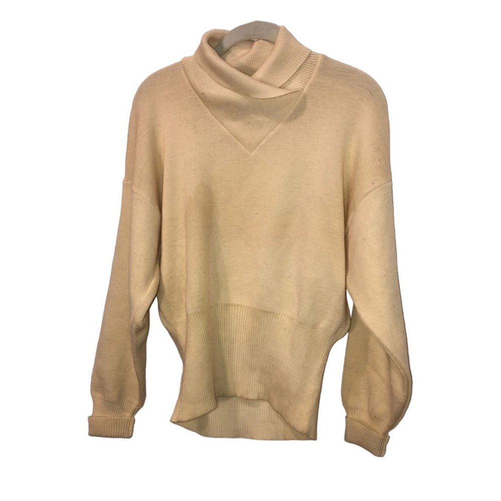 vintage off white Wool Breast Cancer ribbon on arm shawl neck sweater L